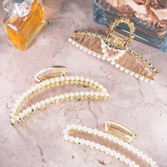 Large Pearl Hair Clips Zinc Alloy 4.5 Inch Strong Hold for Thick Hair 3PCS